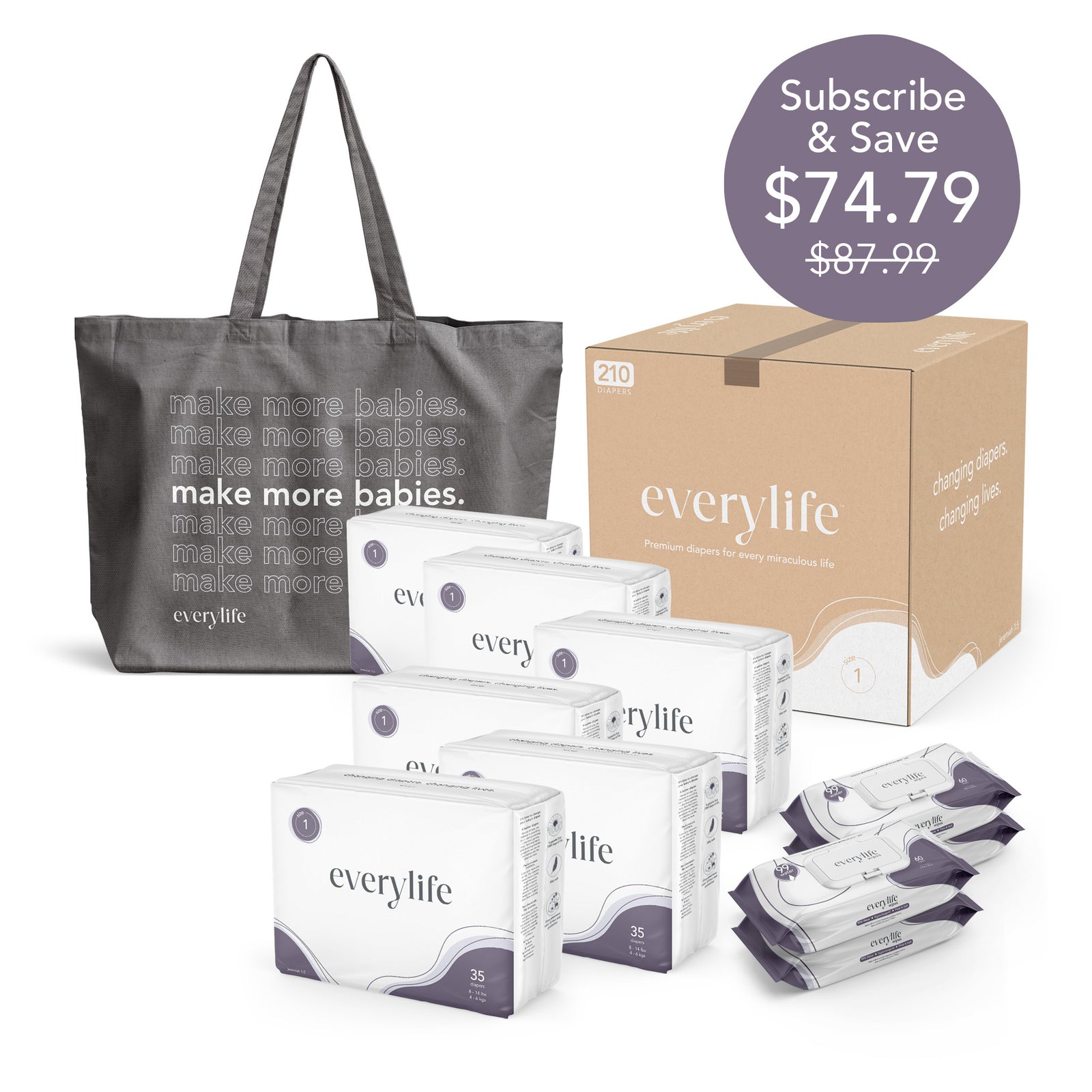 full diaper bundle including diapers with wipes, tote bag, and shipping box
