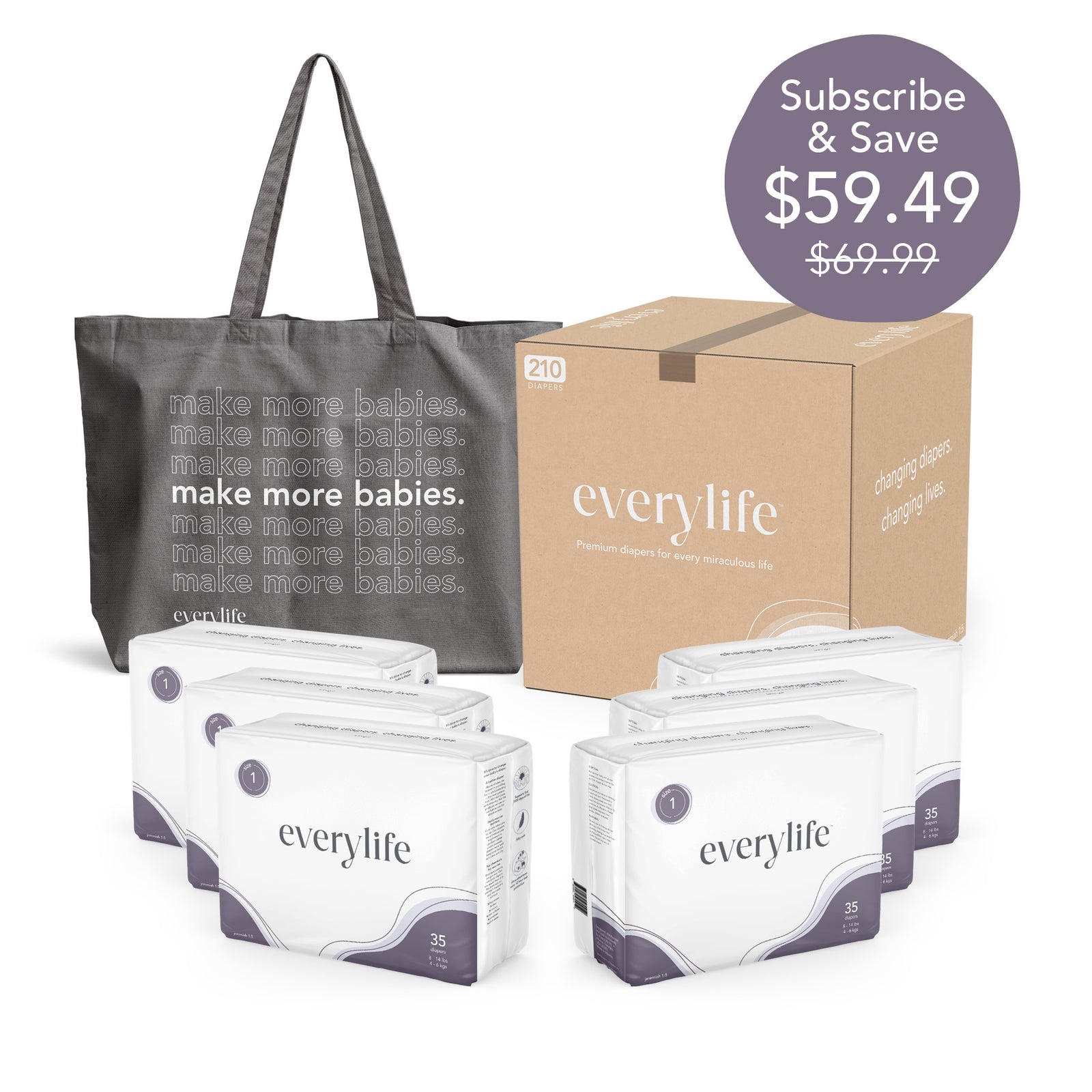 bundle including diapers, tote bag, and shipping box