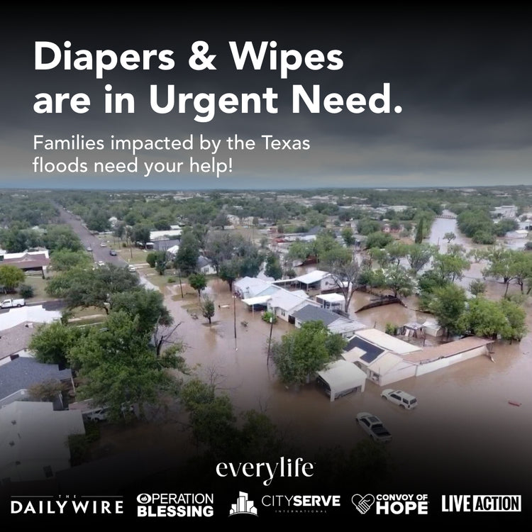 Diapers and wipes are in urgent need. Families impacted by the Texas floods need your help! Our partners, The Dialy Wire, Operation Blessing, CityServe, Convoy of Hope, and Live Action are working tirelessly to ensure these essential items reach families impacted by any means necessary.