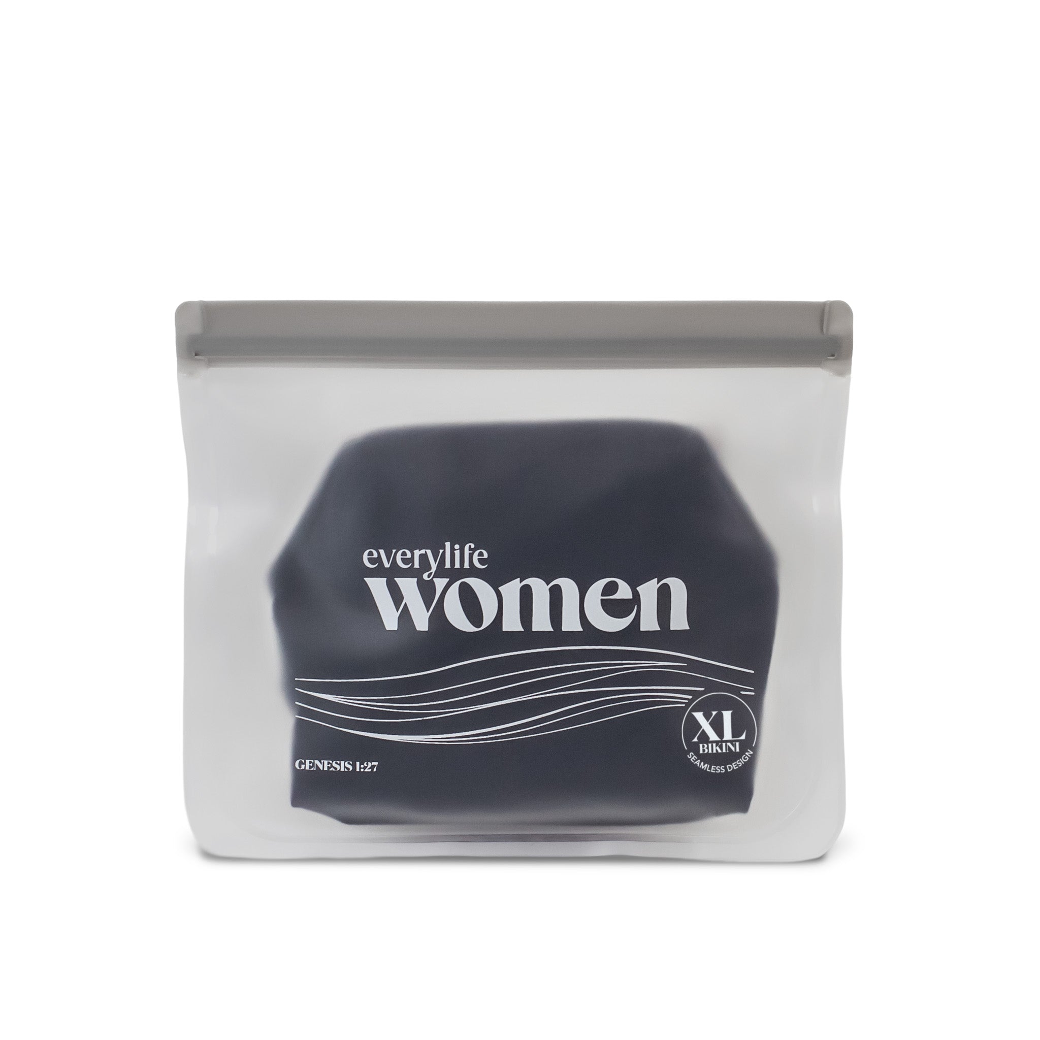 Black period underwear in PEVA pouch. X-Large bikini style