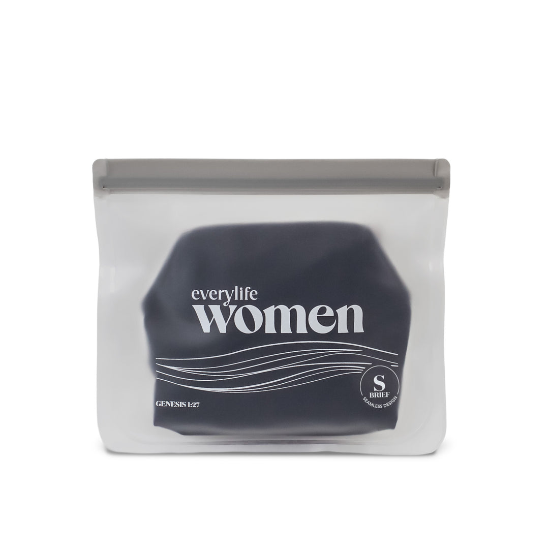 Black period underwear in PEVA pouch. Small brief style